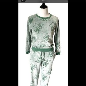 Womens Star Wars Sz Small Yoda 2 PC Jogger Lounge Set Sleepwear PJ's Green EUC